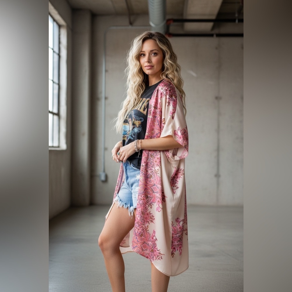 NWT UMGEE Floral Print Boho Silky Kimono Duster Coverup Cream - Picture 2 of 6